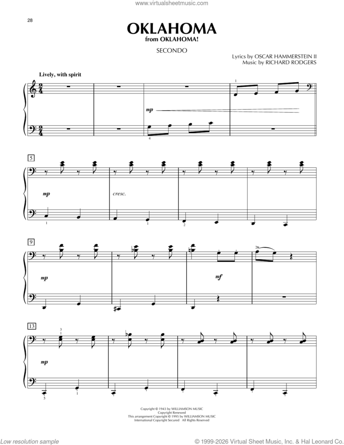 Oklahoma sheet music for piano four hands by Rodgers & Hammerstein, Oscar II Hammerstein and Richard Rodgers, intermediate skill level