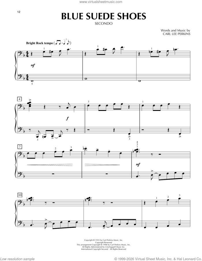 Blue Suede Shoes sheet music for piano four hands by Elvis Presley and Carl Perkins, intermediate skill level