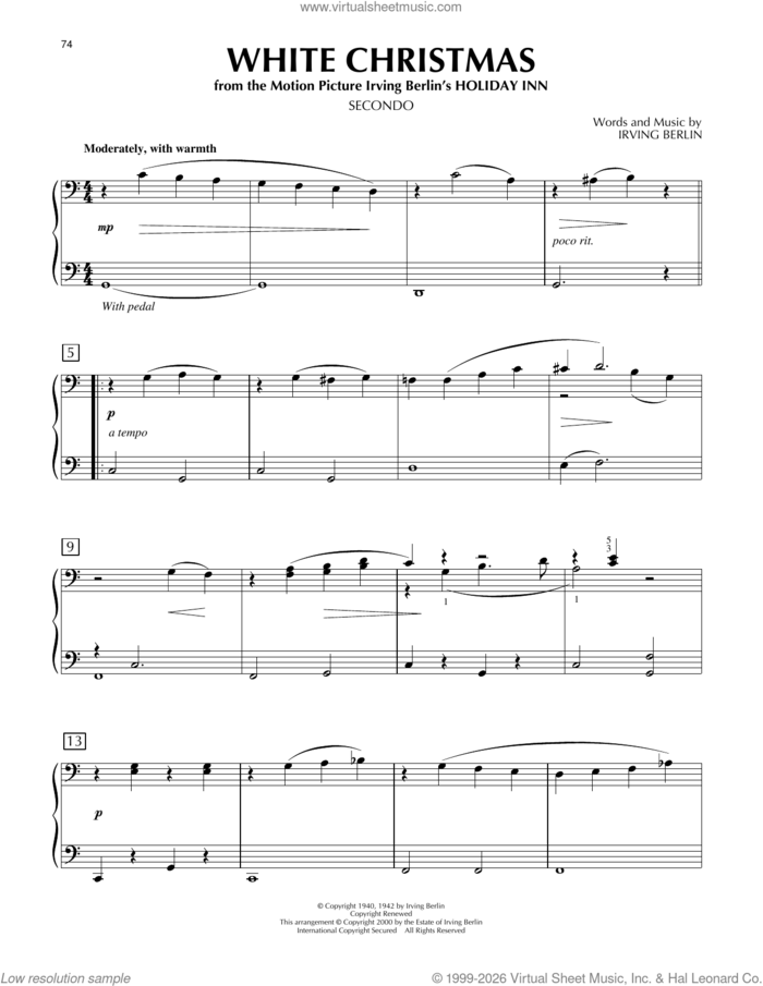 White Christmas sheet music for piano four hands by Bing Crosby and Irving Berlin, intermediate skill level