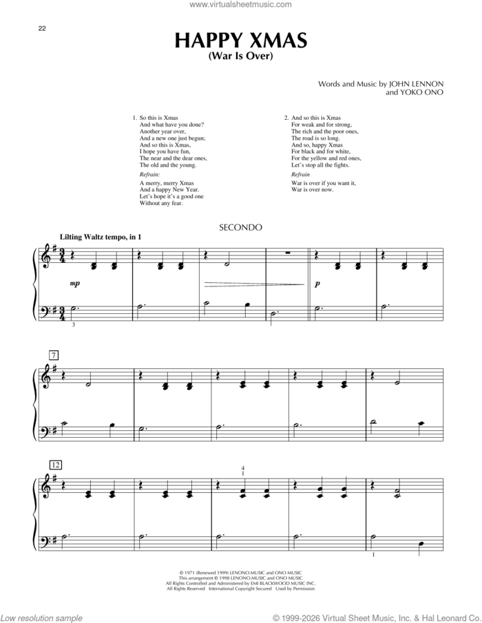Happy Xmas (War Is Over) sheet music for piano four hands by John & Yoko Ono w/Harlem Comm., John Lennon and Yoko Ono, intermediate skill level