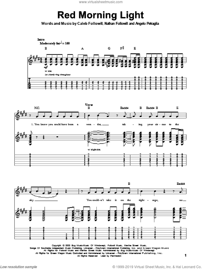 Red Morning Light sheet music for guitar (tablature, play-along) by Kings Of Leon, Angelo Petraglia, Caleb Followill and Nathan Followill, intermediate skill level