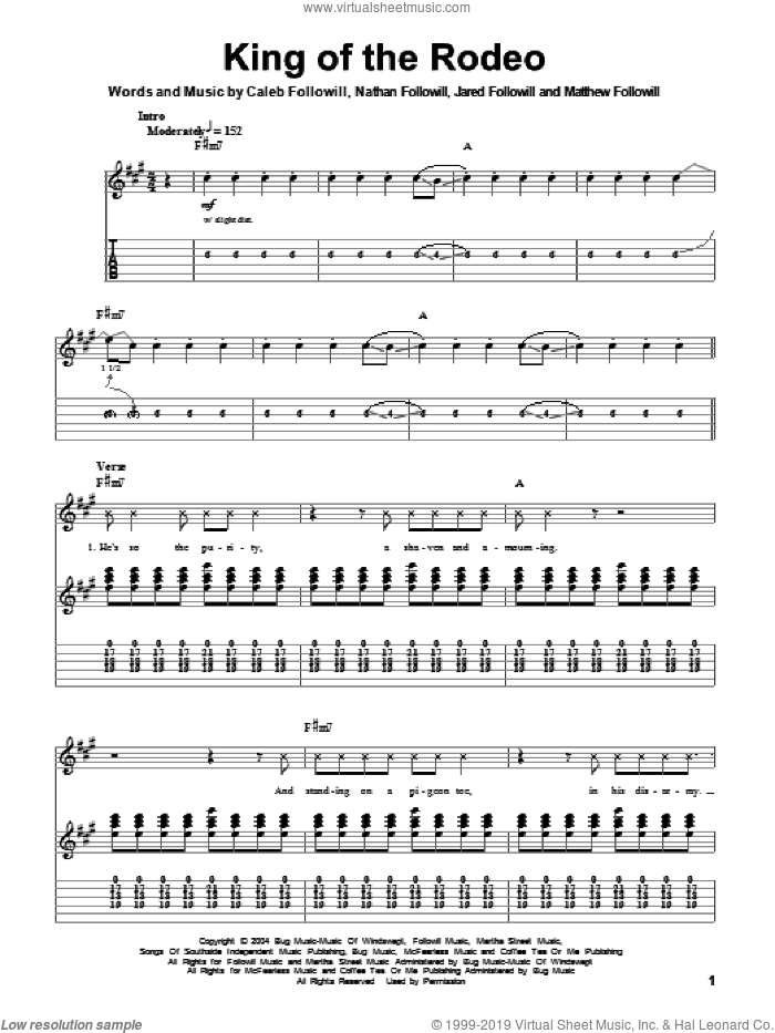 King Of The Rodeo sheet music for guitar (tablature, play-along) by Kings Of Leon, Caleb Followill, Jared Followill, Matthew Followill and Nathan Followill, intermediate skill level