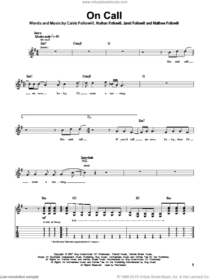 On Call sheet music for guitar (tablature, play-along) by Kings Of Leon, Caleb Followill, Jared Followill, Matthew Followill and Nathan Followill, intermediate skill level