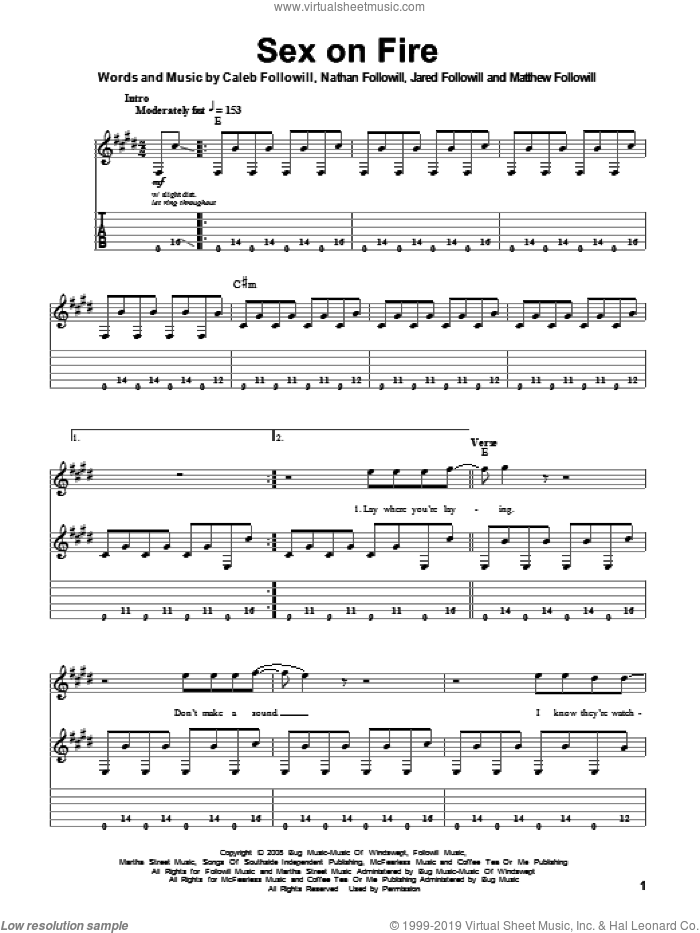 Sex On Fire sheet music for guitar (tablature, play-along) by Kings Of Leon, Caleb Followill, Jared Followill, Matthew Followill and Nathan Followill, intermediate skill level