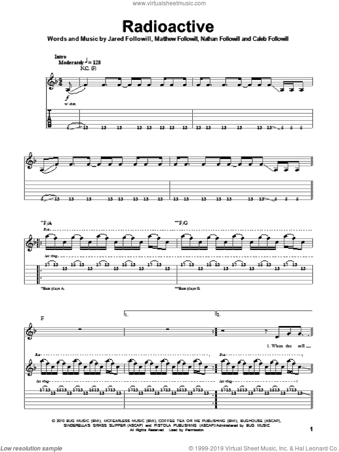 Radioactive sheet music for guitar (tablature, play-along) by Kings Of Leon, Caleb Followill, Jared Followill, Matthew Followill and Nathan Followill, intermediate skill level