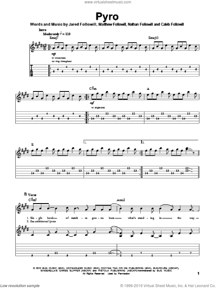 Pyro sheet music for guitar (tablature, play-along) by Kings Of Leon, Caleb Followill, Jared Followill, Matthew Followill and Nathan Followill, intermediate skill level