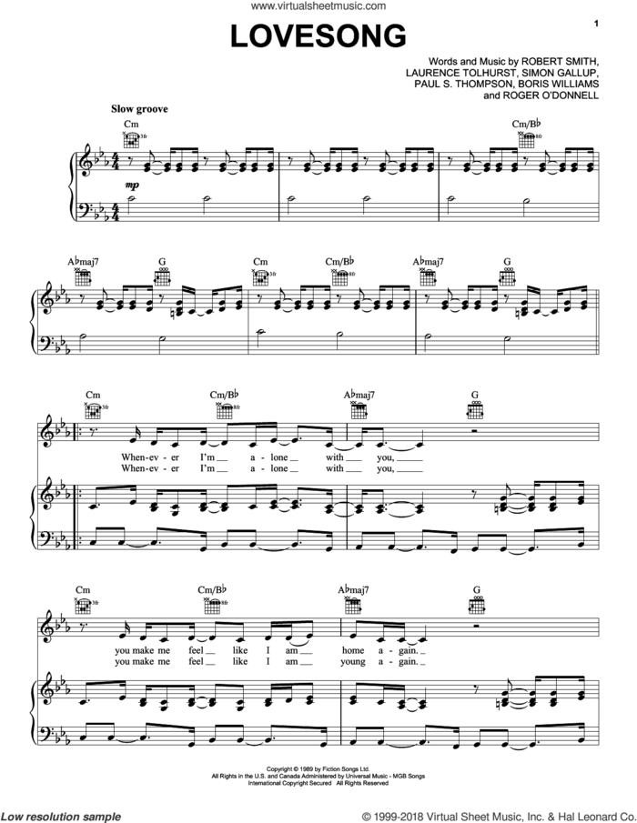 Lovesong sheet music for voice, piano or guitar by Adele, The Cure, Boris Williams, Laurence Tolhurst, Paul S. Thompson, Robert Smith and Simon Gallup, intermediate skill level