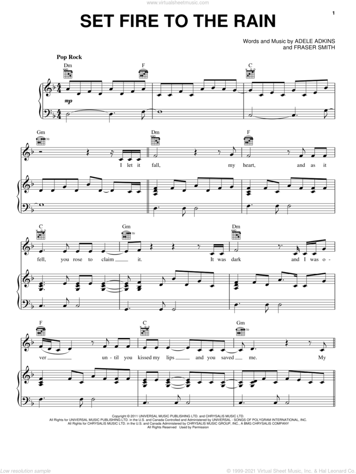 Set Fire To The Rain sheet music for voice, piano or guitar by Adele, Adele Adkins and Fraser T. Smith, intermediate skill level
