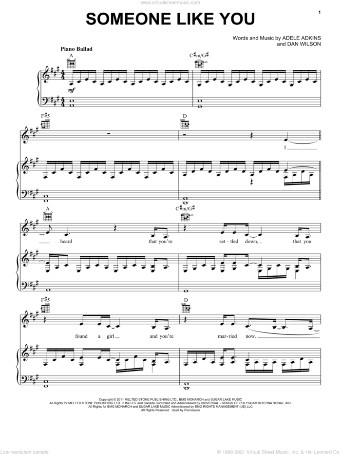 Someone Like You sheet music for voice, piano or guitar by Adele, Adele Adkins and Dan Wilson, intermediate skill level