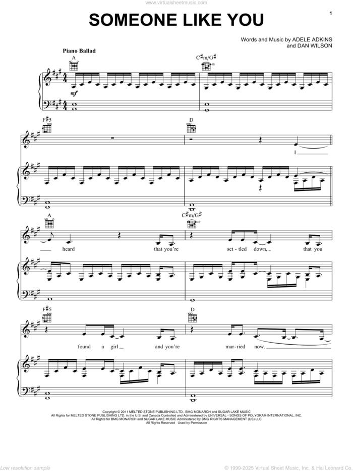 Someone Like You sheet music for voice, piano or guitar by Adele, Adele Adkins and Dan Wilson, intermediate skill level