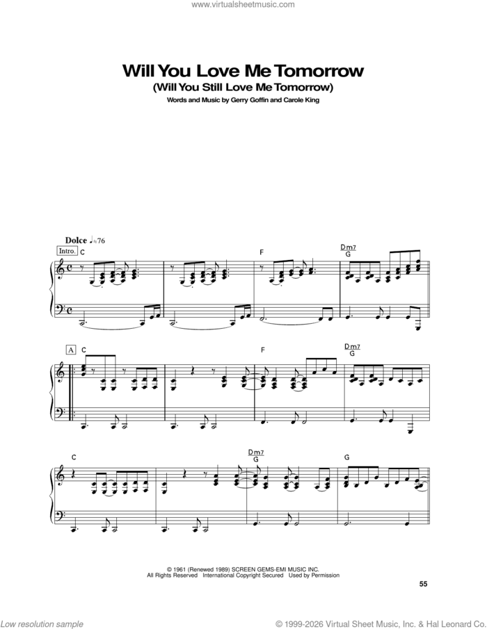 Will You Love Me Tomorrow (Will You Still Love Me Tomorrow), (intermediate) sheet music for piano solo by Carole King, The Shirelles and Gerry Goffin, intermediate skill level