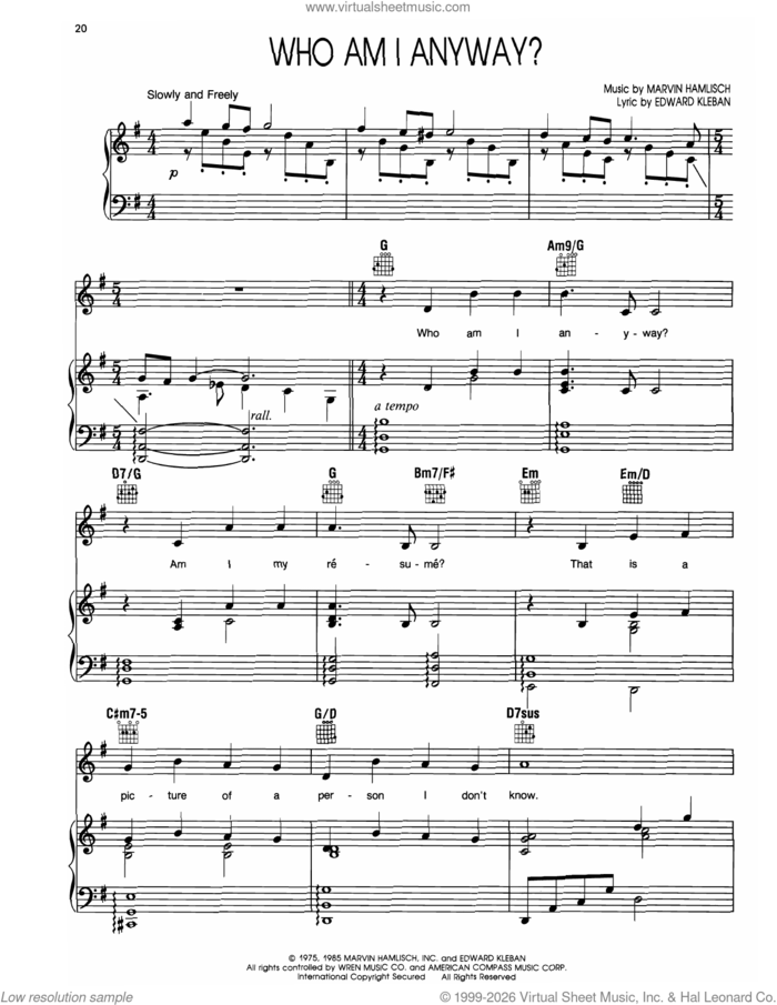 Who Am I Anyway (from A Chorus Line) sheet music for voice, piano or guitar by Marvin Hamlisch and Edward Kleban, intermediate skill level