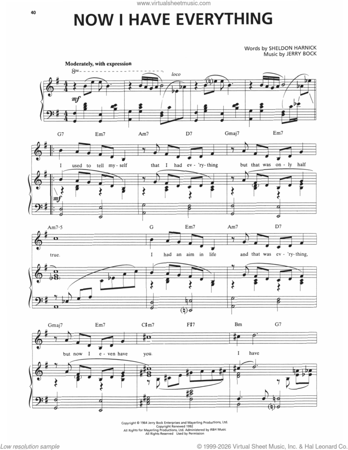 Now I Have Everything (from Fiddler On The Roof) sheet music for voice and piano by Sheldon Harnick, Bock & Harnick and Jerry Bock, intermediate skill level