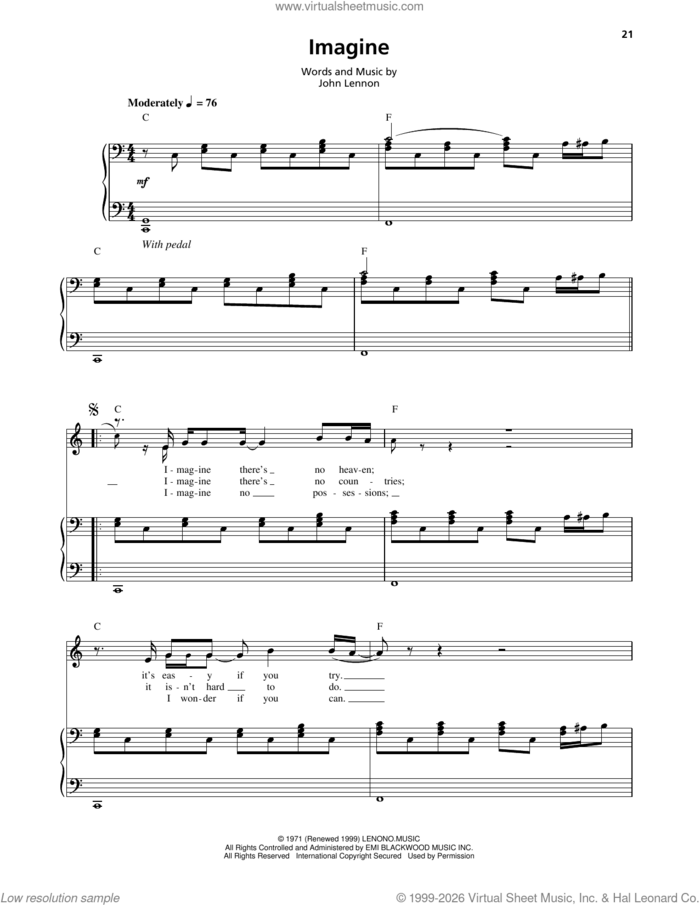 Imagine sheet music for keyboard or piano by John Lennon, intermediate skill level
