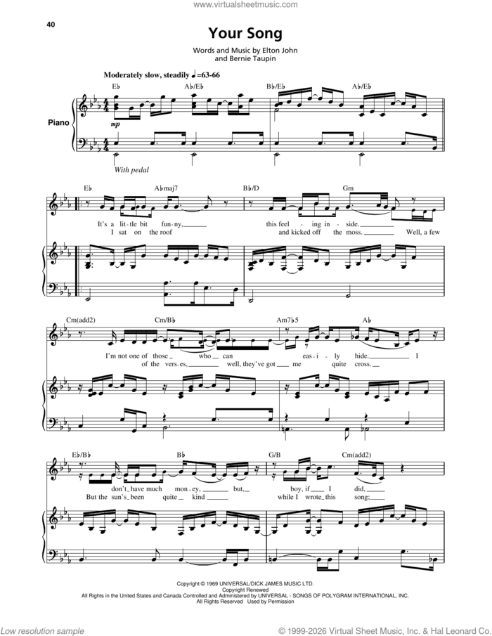 Your Song sheet music for keyboard or piano by Elton John and Bernie Taupin, intermediate skill level