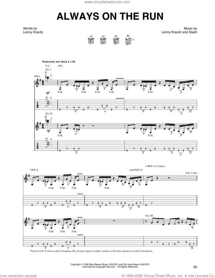 Always On The Run sheet music for guitar (tablature) by Lenny Kravitz and Slash, intermediate skill level