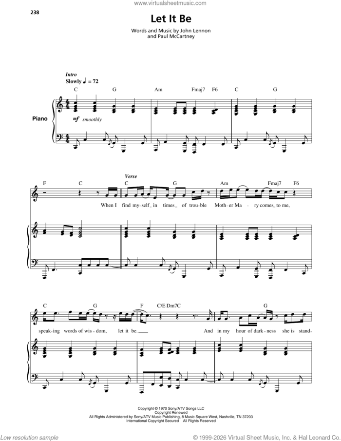 Let It Be sheet music for keyboard or piano by The Beatles, John Lennon and Paul McCartney, intermediate skill level