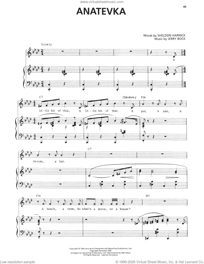 Anatevka (from Fiddler On The Roof) sheet music for voice and piano by Sheldon Harnick, Bock & Harnick and Jerry Bock, intermediate skill level