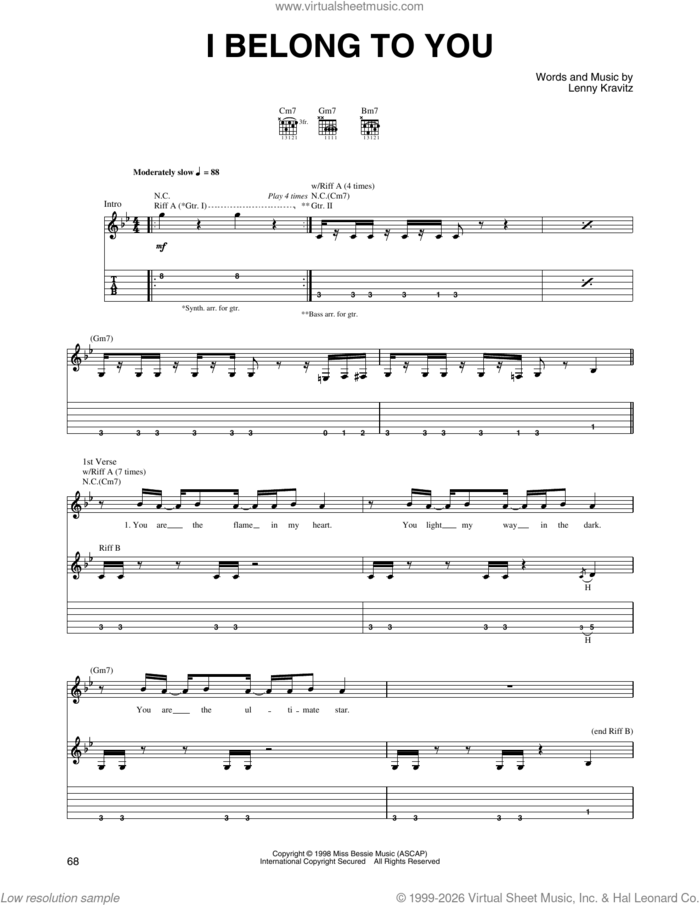 I Belong To You sheet music for guitar (tablature) by Lenny Kravitz, intermediate skill level