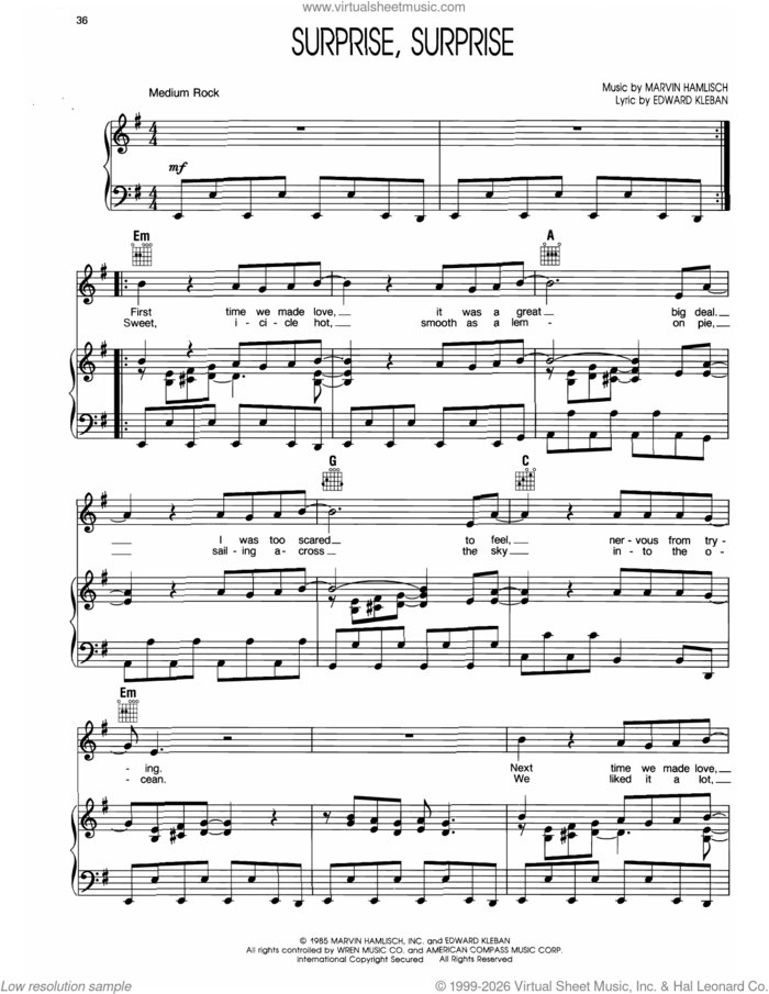 Surprise Surprise (from A Chorus Line) sheet music for voice, piano or guitar by Marvin Hamlisch and Edward Kleban, intermediate skill level