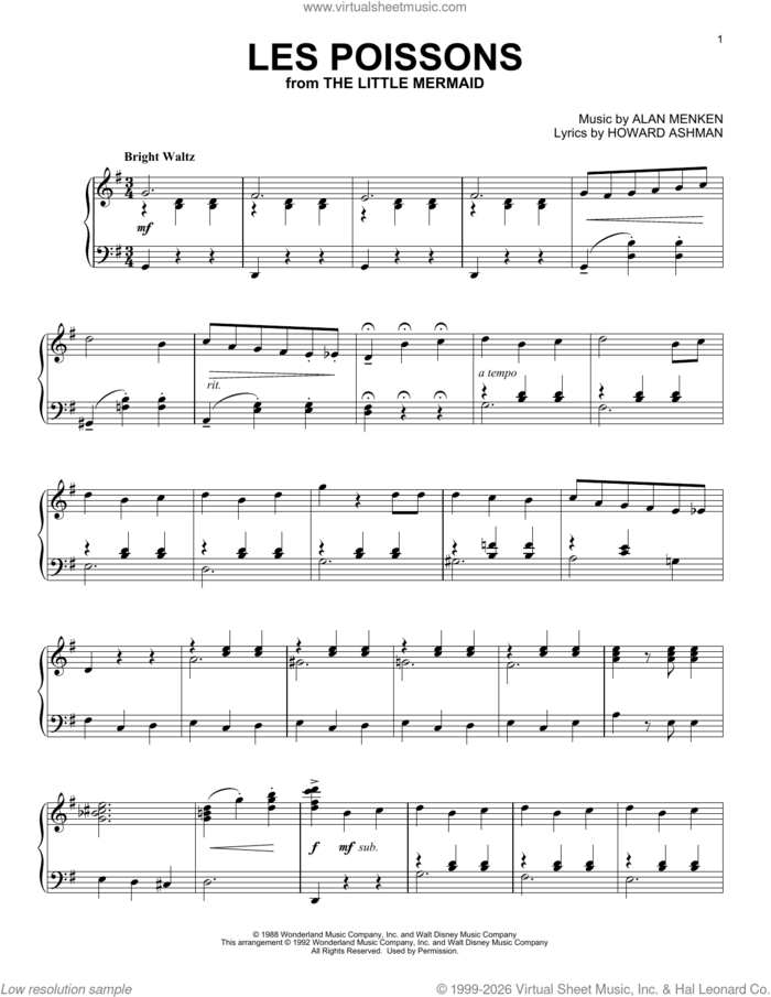 Les Poissons (from The Little Mermaid), (intermediate) sheet music for piano solo by Alan Menken and Howard Ashman, intermediate skill level