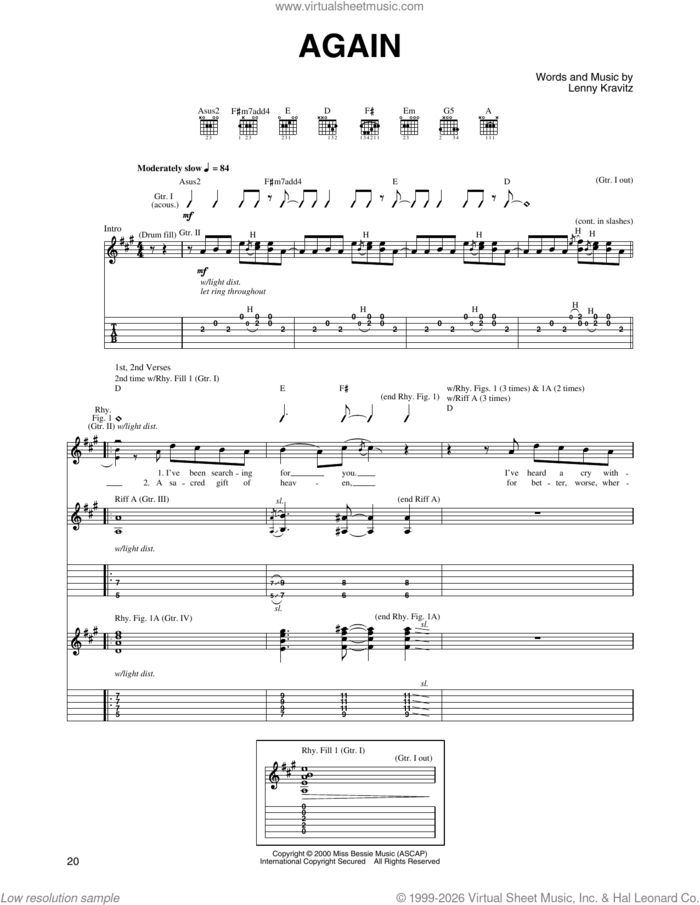 Again sheet music for guitar (tablature) by Lenny Kravitz, intermediate skill level