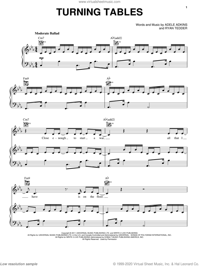 Turning Tables sheet music for voice, piano or guitar by Adele, Adele Adkins and Ryan Tedder, intermediate skill level