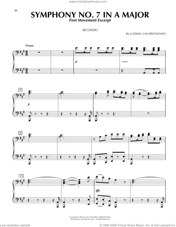 Symphony No. 7 In A Major, First Movement Excerpt sheet music for piano four hands by Ludwig Van Beethoven, classical score, intermediate skill level