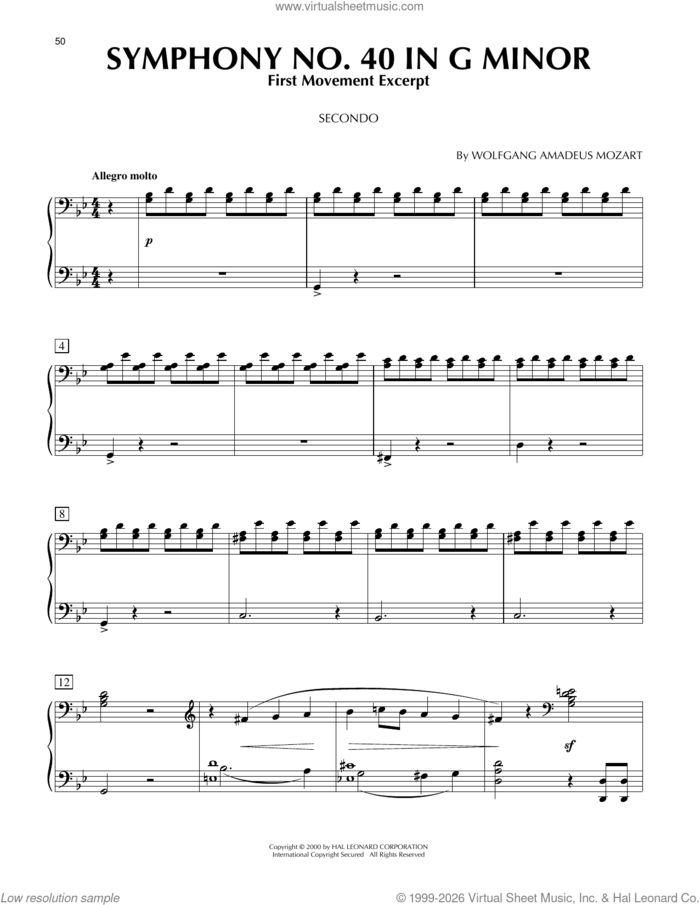 Symphony No. 40 In G Minor, First Movement Excerpt sheet music for piano four hands by Wolfgang Amadeus Mozart, classical score, intermediate skill level