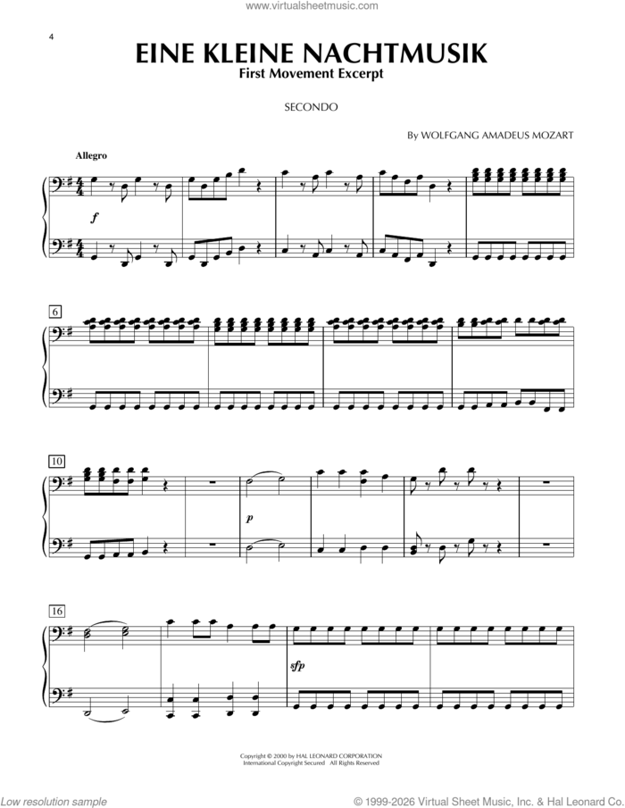 Eine Kleine Nachtmusik ('Serenade'), First Movement Excerpt sheet music for piano four hands by Wolfgang Amadeus Mozart, classical score, intermediate skill level