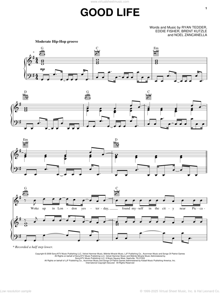 Good Life sheet music for voice, piano or guitar by OneRepublic, Brent Kutzle, Eddie Fisher, Noel Zancanella and Ryan Tedder, intermediate skill level