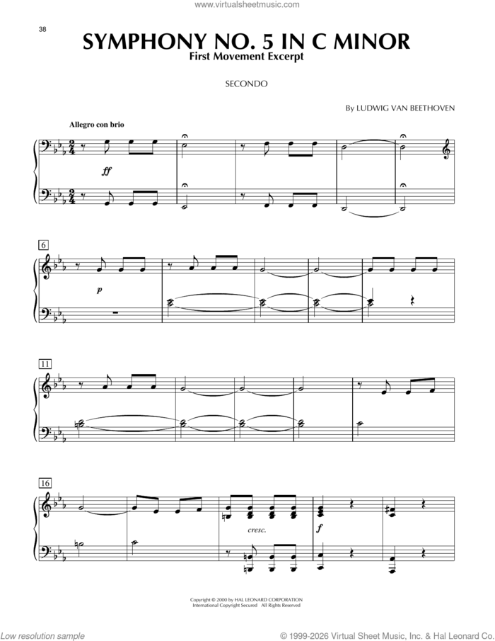 Symphony No. 5 In C Minor, First Movement Excerpt sheet music for piano four hands by Ludwig Van Beethoven, classical score, intermediate skill level