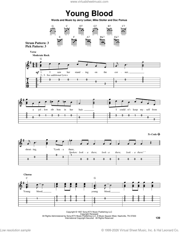Young Blood sheet music for guitar solo (easy tablature) by The Coasters, DOC POMUS, Jerry Leiber and Mike Stoller, easy guitar (easy tablature)