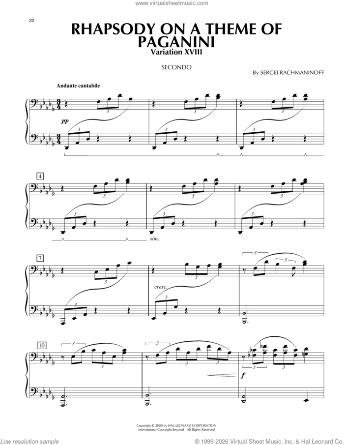 Rhapsody On A Theme Of Paganini, Variation XVIII sheet music for piano four hands by Serjeij Rachmaninoff, classical wedding score, intermediate skill level