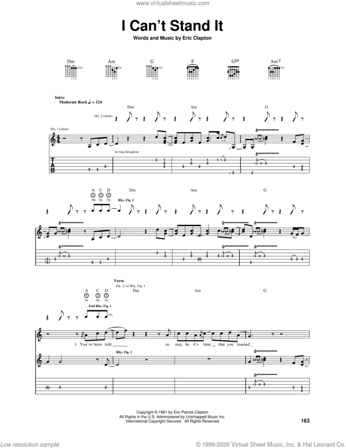 I Can't Stand It sheet music for guitar (tablature) by Eric Clapton, intermediate skill level