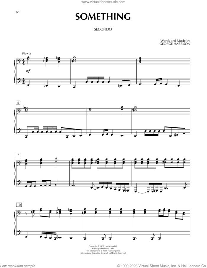 Something sheet music for piano four hands by The Beatles and George Harrison, intermediate skill level