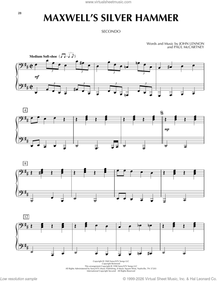Maxwell's Silver Hammer sheet music for piano four hands by The Beatles, John Lennon and Paul McCartney, intermediate skill level