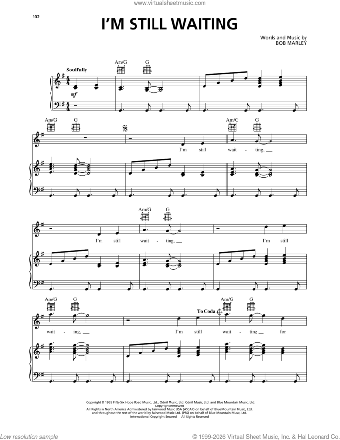 I'm Still Waiting sheet music for voice, piano or guitar by Bob Marley, intermediate skill level