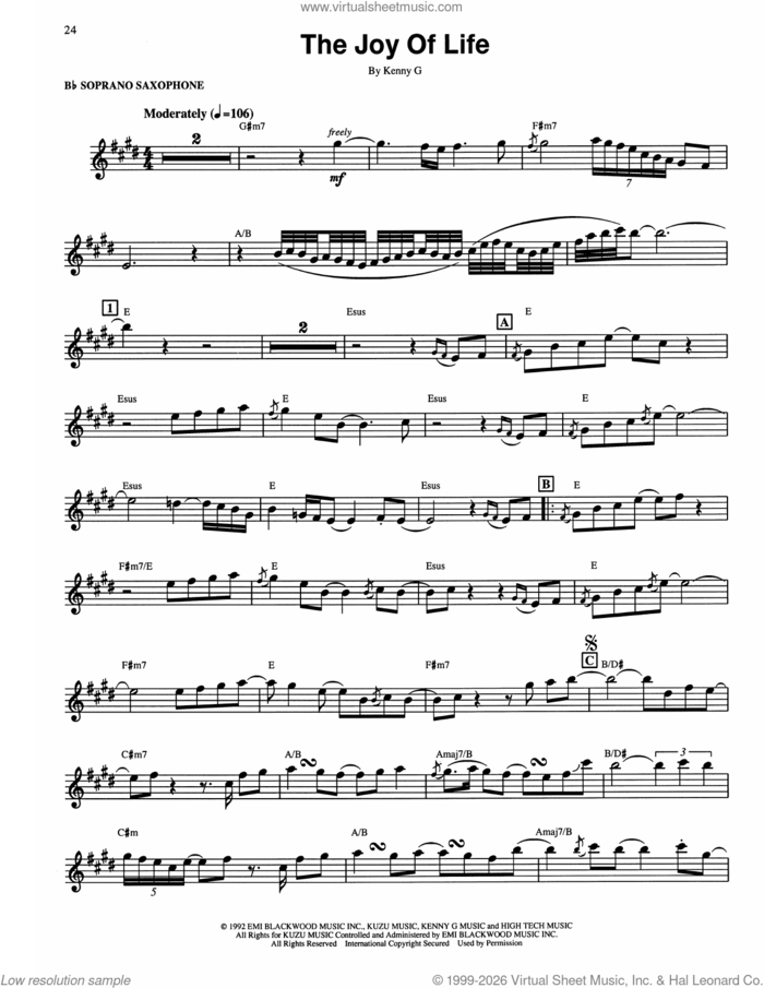 The Joy Of Life sheet music for soprano saxophone solo (transcription) by Kenny G, intermediate soprano saxophone (transcription)