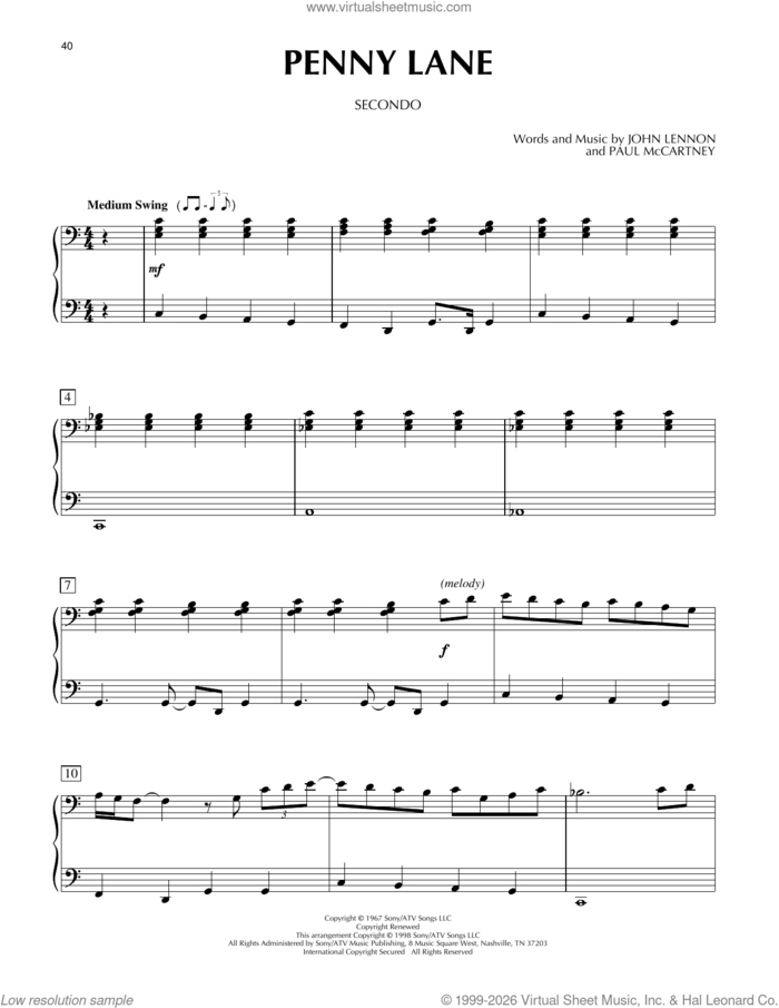 Penny Lane sheet music for piano four hands by The Beatles, John Lennon and Paul McCartney, intermediate skill level