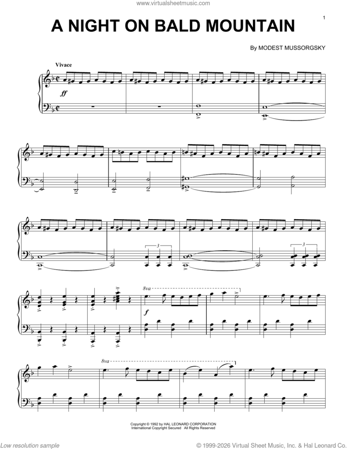 Night On Bald Mountain (from Fantasia) sheet music for piano solo by Modest Petrovic Mussorgsky, classical score, intermediate skill level