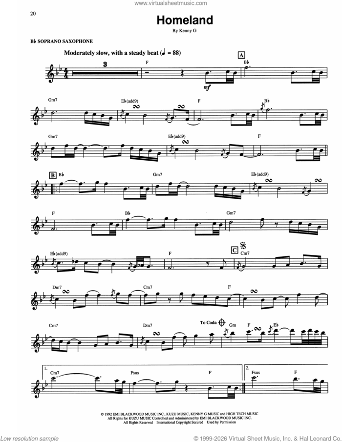 Homeland sheet music for soprano saxophone solo (transcription) by Kenny G, intermediate soprano saxophone (transcription)