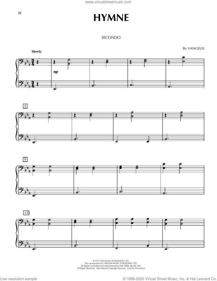 Hymne sheet music for piano four hands by Vangelis, intermediate skill level