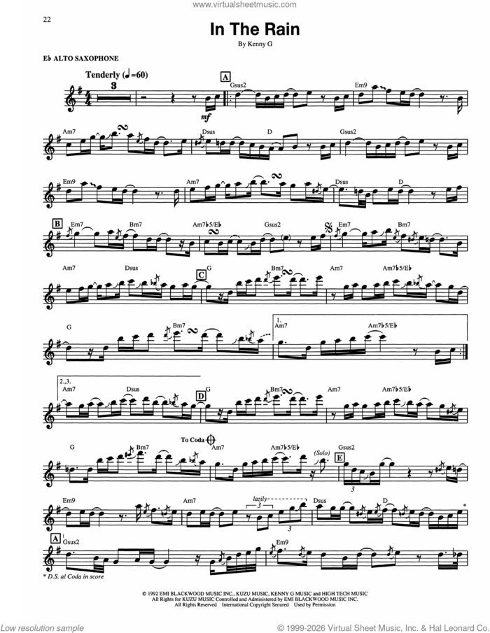 In The Rain sheet music for alto saxophone (transcription) by Kenny G, intermediate skill level