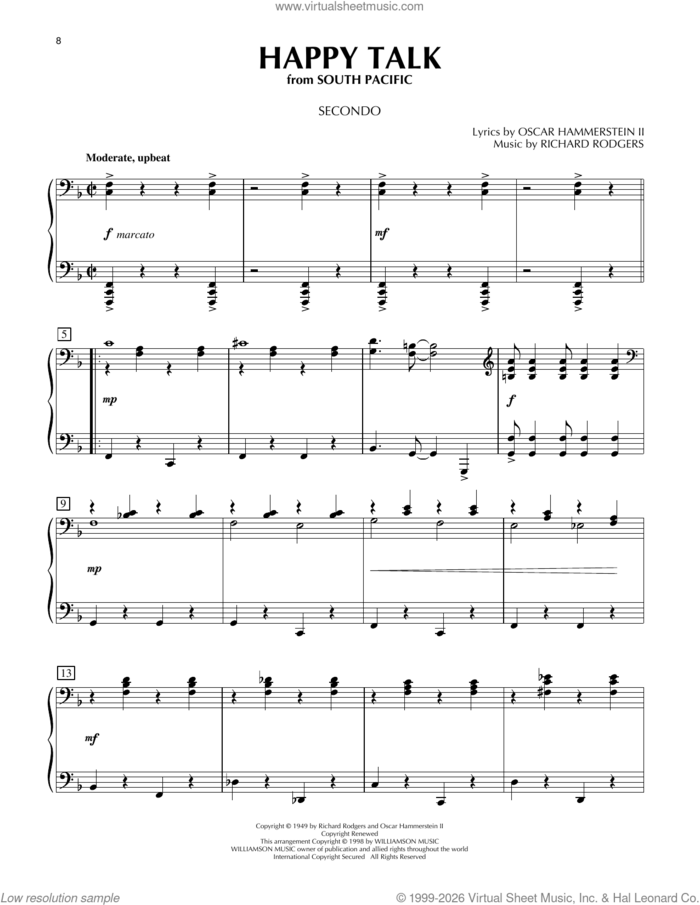 Happy Talk (from South Pacific) sheet music for piano four hands by Richard Rodgers, Oscar II Hammerstein and Rodgers & Hammerstein, intermediate skill level