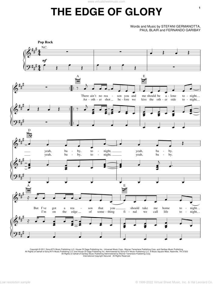 The Edge Of Glory sheet music for voice, piano or guitar by Lady GaGa, Fernando Garibay and Paul Blair, intermediate skill level