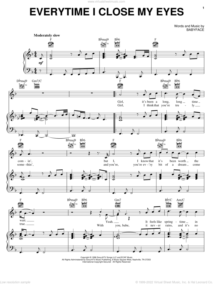 Everytime I Close My Eyes sheet music for voice, piano or guitar by Babyface and Kenny G, intermediate skill level