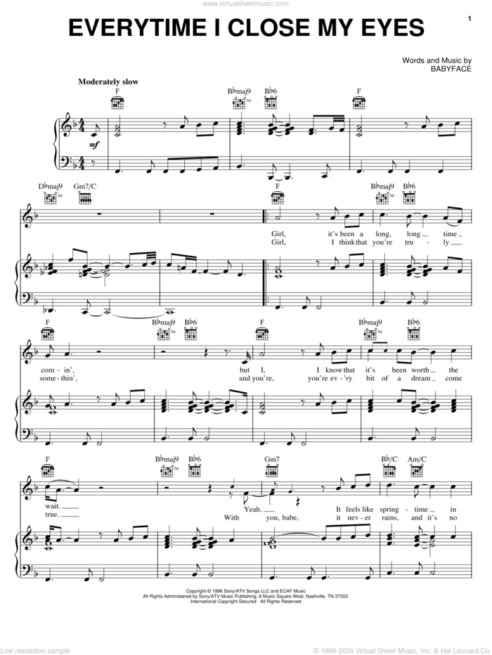 Everytime I Close My Eyes sheet music for voice, piano or guitar by Babyface and Kenny G, intermediate skill level