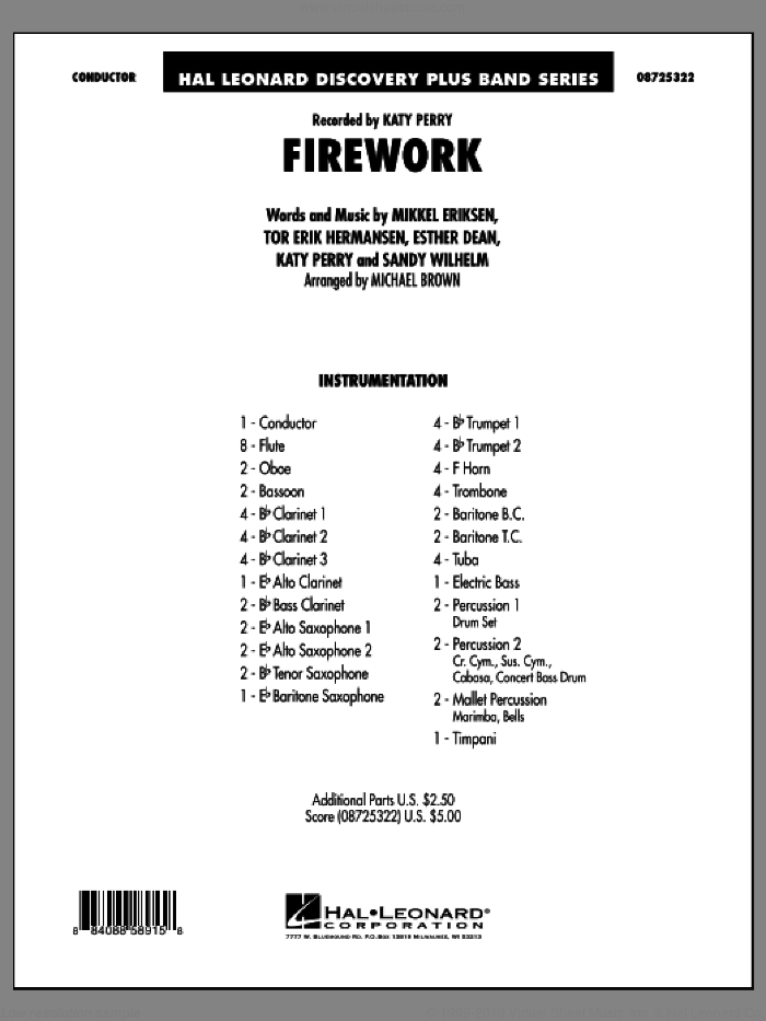 Firework (COMPLETE) sheet music for concert band by Michael Brown, Ester Dean, Katy Perry, Mikkel Eriksen, Sandy Wilhelm and Tor Erik Hermansen, intermediate skill level