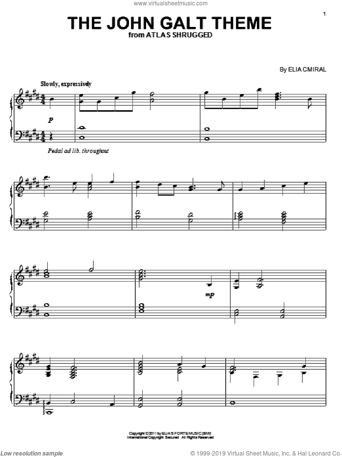 The John Galt Theme sheet music for piano solo by Elia Cmiral and Atlas Shrugged (Movie), intermediate skill level